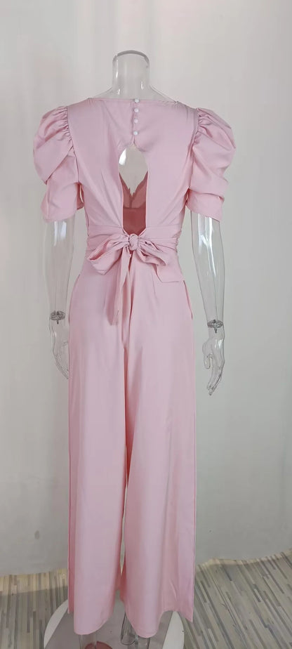 Summer Women's Slim Short Puff Sleeve V-neck Wide Leg Long Jumpsuit Elegant High Waist Ruched  Pocketed Solid color jumpsuits