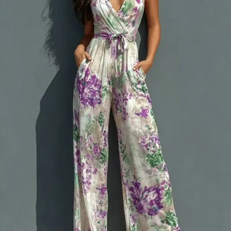 Women Sexy Print V Neck Sleeveless Jumpsuit Summer Casual High Waist Wide Leg Romper With Pockets Holiday party style jumpsuit