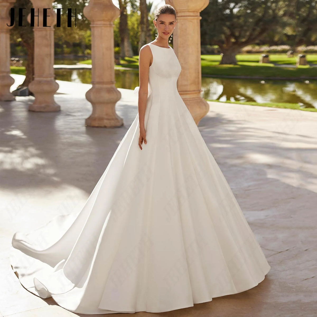 JEHETH Simple A Line Wedding Dresses 2026 New Scoop Neck Backless Bridal Gown For Women Court Train Customized Bride Dress