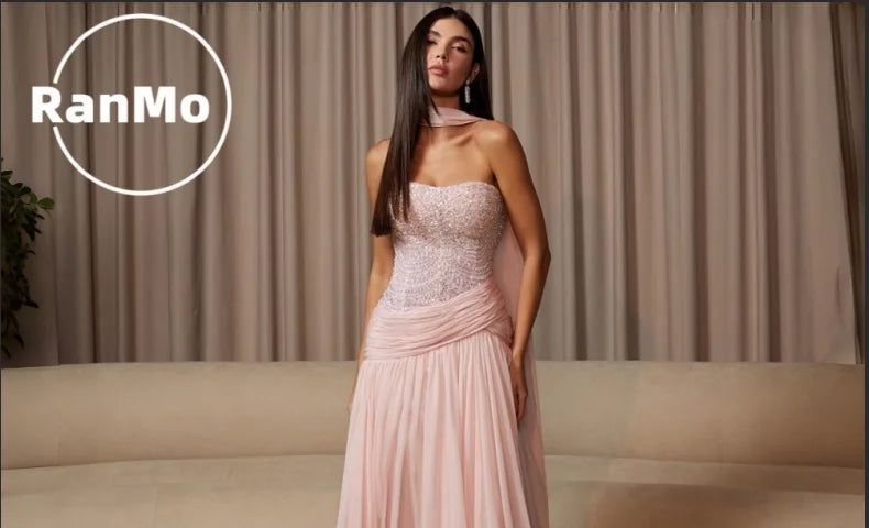 Ranmo Customized A-line Chiffon Beaded Floor-Length Bespoke Occasion Evening Elegant Party Strapless Corset Sleeveless Prom Gown