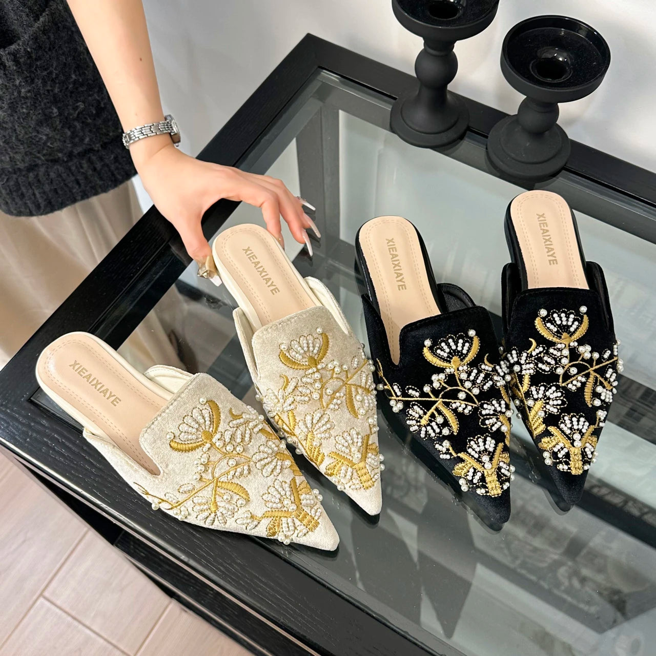 Embroidery Women Mules Slippers Luxury Elegant Pointed Toe Slides Shoes Ladies Sandalias Pointed Bead Embroidery Roman Style