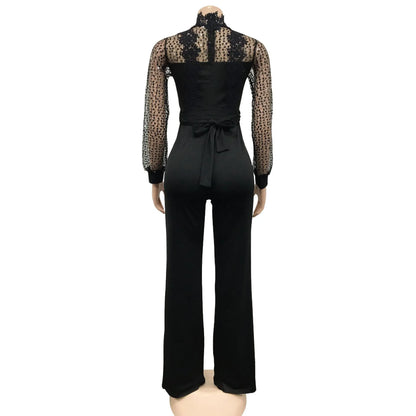 HBLL Women Sequin Lace Jumpsuit Elegant Long Sleeve Wide Leg Pants Sexy See Through Evening Party Outfits Jumpsuits With Belt