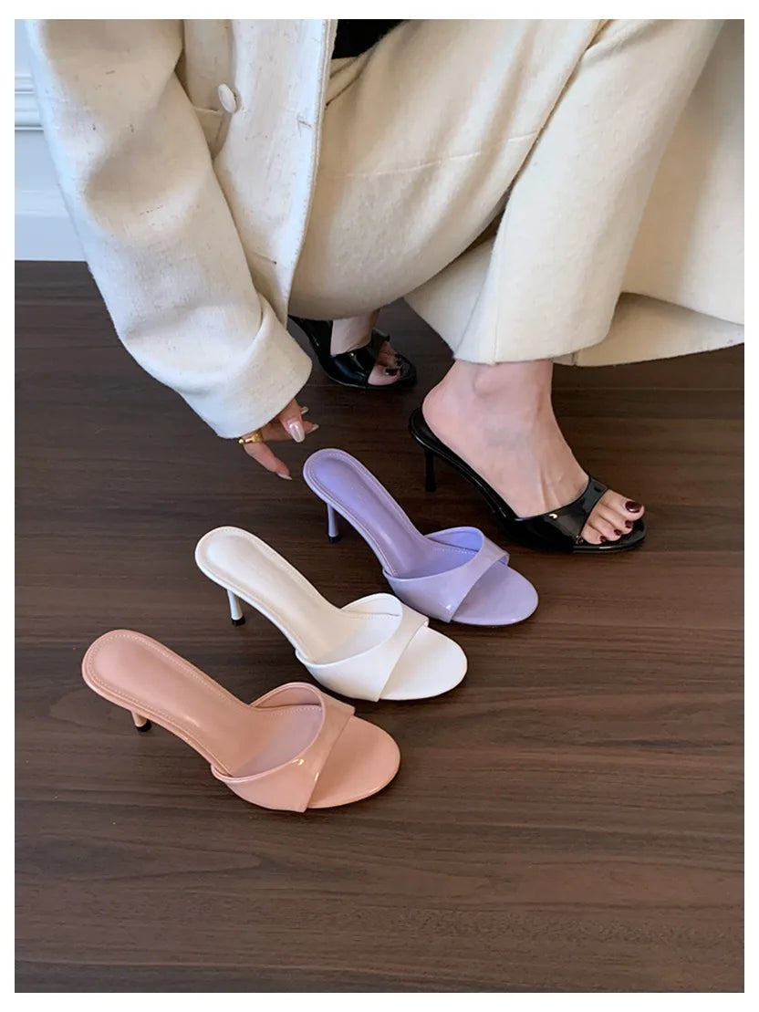 Women Slippers Sandals Fashion Round Open Toe Thin High Heels Mule Slides Summer Party Dress Pumps Shoe Comfortable Sandal Mujer