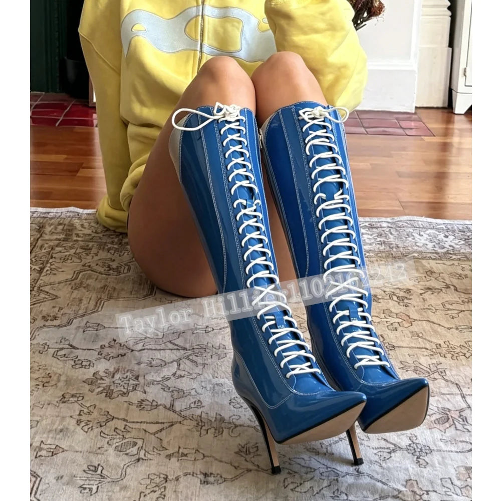 Rose Pink Patent Leather Cross-Strap Boots Women'S Pointed Toe Stiletto Heel Knee-High Boots Trendy Party Evening Boots Autumn