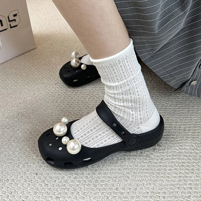 Clogs Summer Slippers Women Luxury Pearl Metal Flower Mary Janes Designer Ballet Shoes Girls Corc Charms Sandals Indoor Outdoor