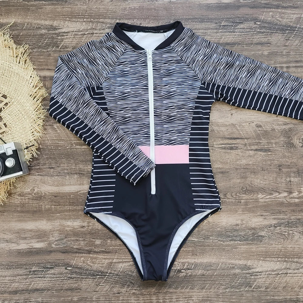 2026 Surfing Sport Swimsuit Long Sleeves Women One Piece Swimsuit  Swimwear Solid Monokini Bathing Suit Tropical Bodysuit Female