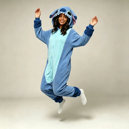 Soft Polar Fleece Stitch Hooded One Piece Pajamas Unisex Button Closure Long Sleeve Loose Onesie Nightwear Indoor Loungewears