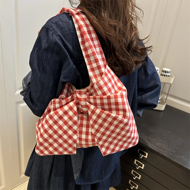Women Red White/ Blue White Gingham Plaid Tote Bag with Big Bow Decor, Large Capacity Soft Canvas Shoulder Handbag, Casual Shopping Bag for Picnic Travel Daily Commute