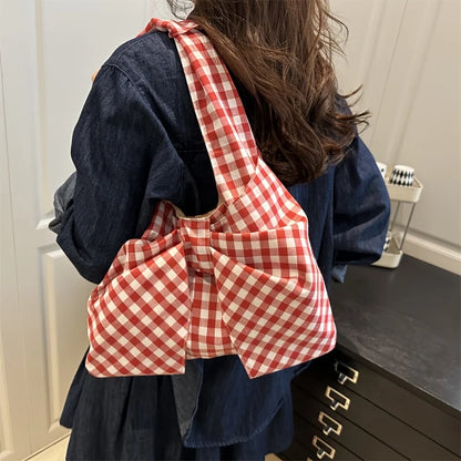 Women Red White/ Blue White Gingham Plaid Tote Bag with Big Bow Decor, Large Capacity Soft Canvas Shoulder Handbag, Casual Shopping Bag for Picnic Travel Daily Commute