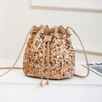 New Chic Multicolor Sequin Shing Shoulder Bag Fashion Versatile Handbag Drawstring Bucket Bag Large Capacity Wallet Purse Bags