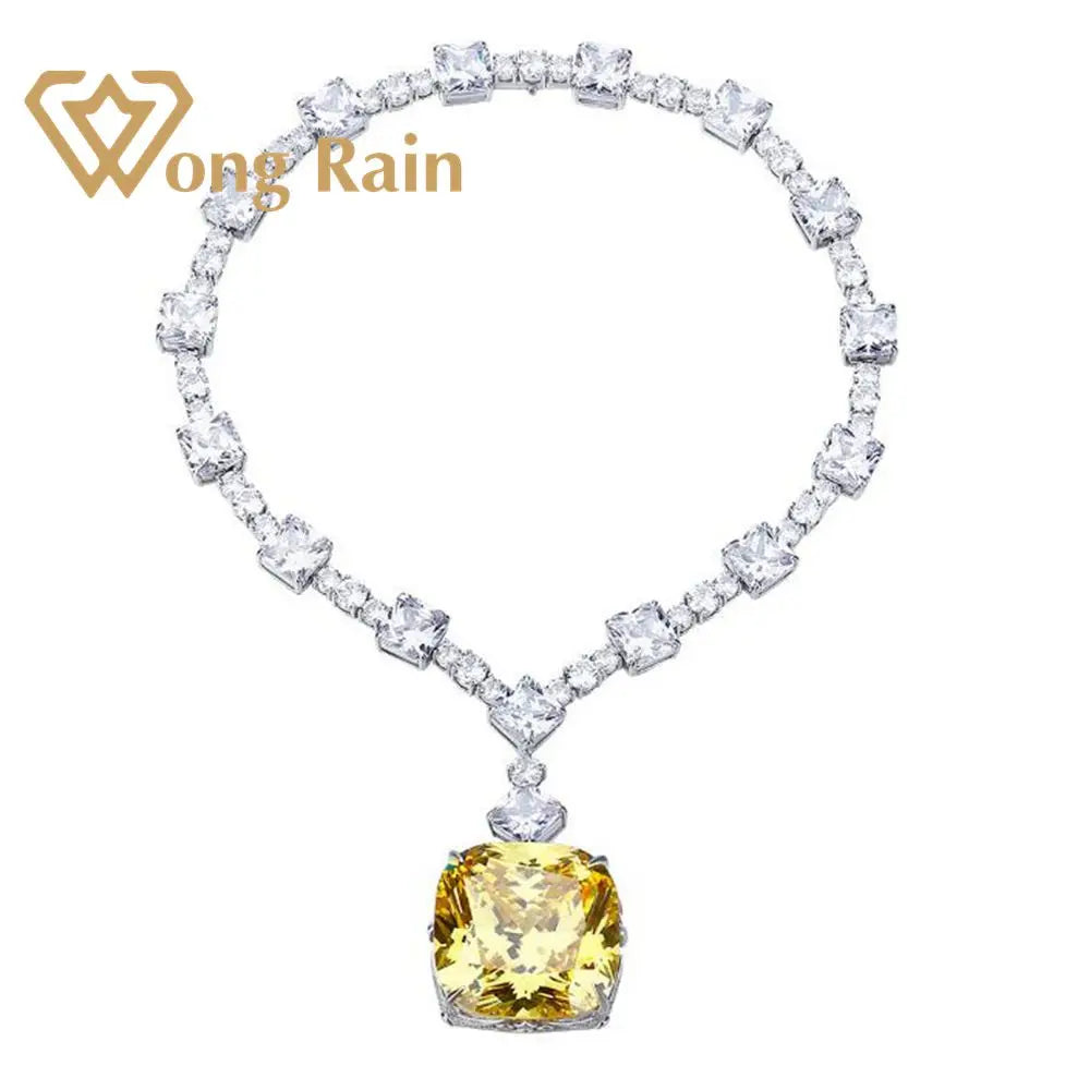 Wong Rain 100% 925 Sterling Silver 30*30 MM Created Moissanite Citrine Gemstone Wedding Cocktail Pendent Necklace Fine Jewelry