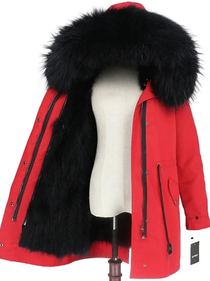Real Fur Coat Winter Jacket Women Long Parka Waterproof Big Natural Raccoon Fur Collar Hood Thick Warm Real Fox Fur Liner coat