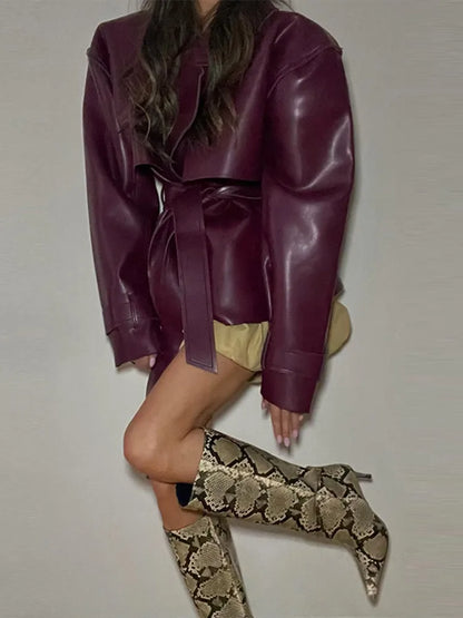 Women PU Leather Jackets Coats Solid Lapel Collar Lace Up Full Sleeve Loose Outwear Female Elegant Chic Daily Streetwear Coats