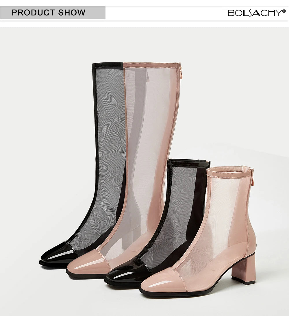Sexy Air Mesh Zipper Female Boottes Summer Ponited Toe Ankle Boots Patchwork High Heesl Fashion Women Shoes Big Size 32-46