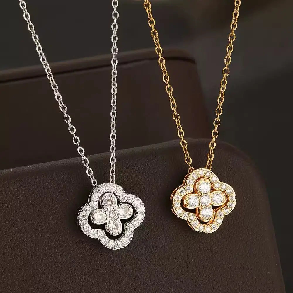1pcs fashionable classic full diamond four petal flower women's dynamic necklace, fashionable birthday gift collarbone chain mul