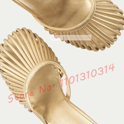 Cage Round Toe Metallic Mules Women New In Sexy Luxury High Heel Shoes Female Thin Strap 2023 Summer Elegant Chic Solid Slippers