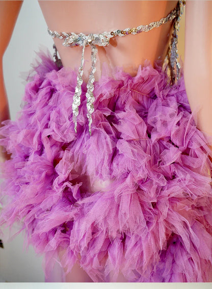 Sexy Purple Neck Hanging Spider Web 2PCS Set Gauze See-through Dress Carnival Performance Singer Dance Costume Drag Queen Stage