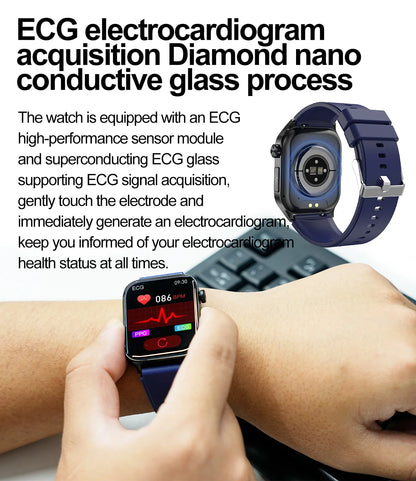 ET580 Smart Watch Men 2.04inch AMOLED Large Screen Bluetooth Call ECG Blood Pressure Oxygen Health Monitor SOS Smartwatch
