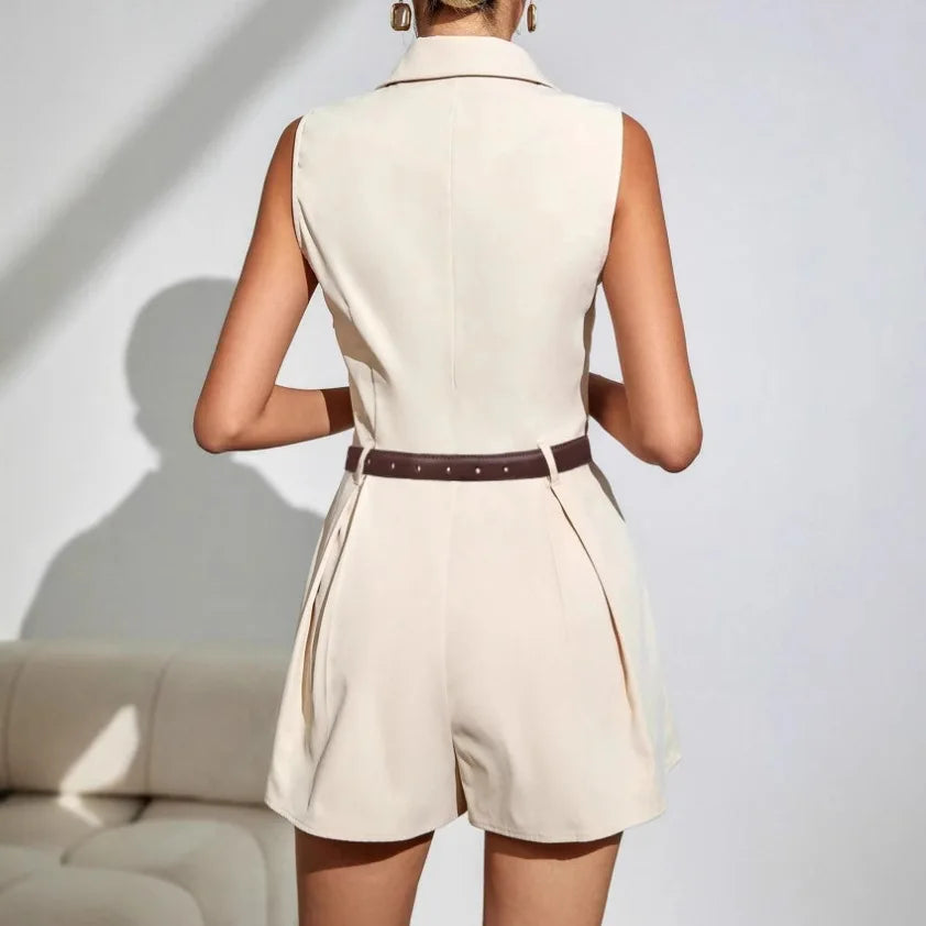 Jumpsuits Women Summer Rompers One Piece Wide Leg Shorts Sleeveless Turn Down Collar 2025 Office Lady Overalls Short Pants