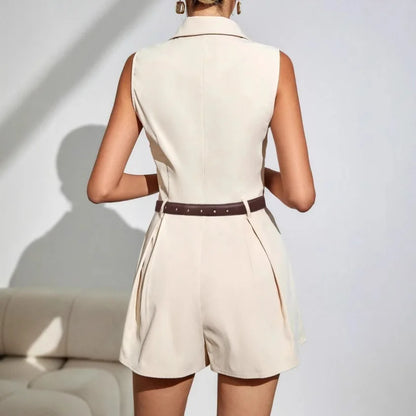 Jumpsuits Women Summer Rompers One Piece Wide Leg Shorts Sleeveless Turn Down Collar 2025 Office Lady Overalls Short Pants