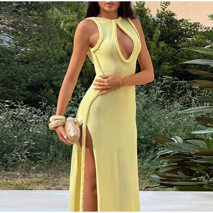Braided Trim Sexy High Slit Dress Lady Sleeveless Hollow Out Backless Bodycon Maxi Dresses 2026 Summer Elegant Chic Evening Gown