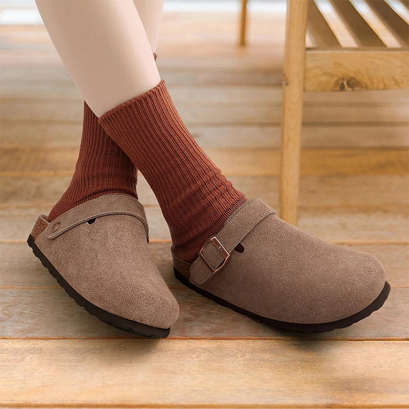Kidmi Genuine Leather Clogs Cork Footbed Indoor and Outdoor Slippers Cow Suede Mules With Adjustable Strap