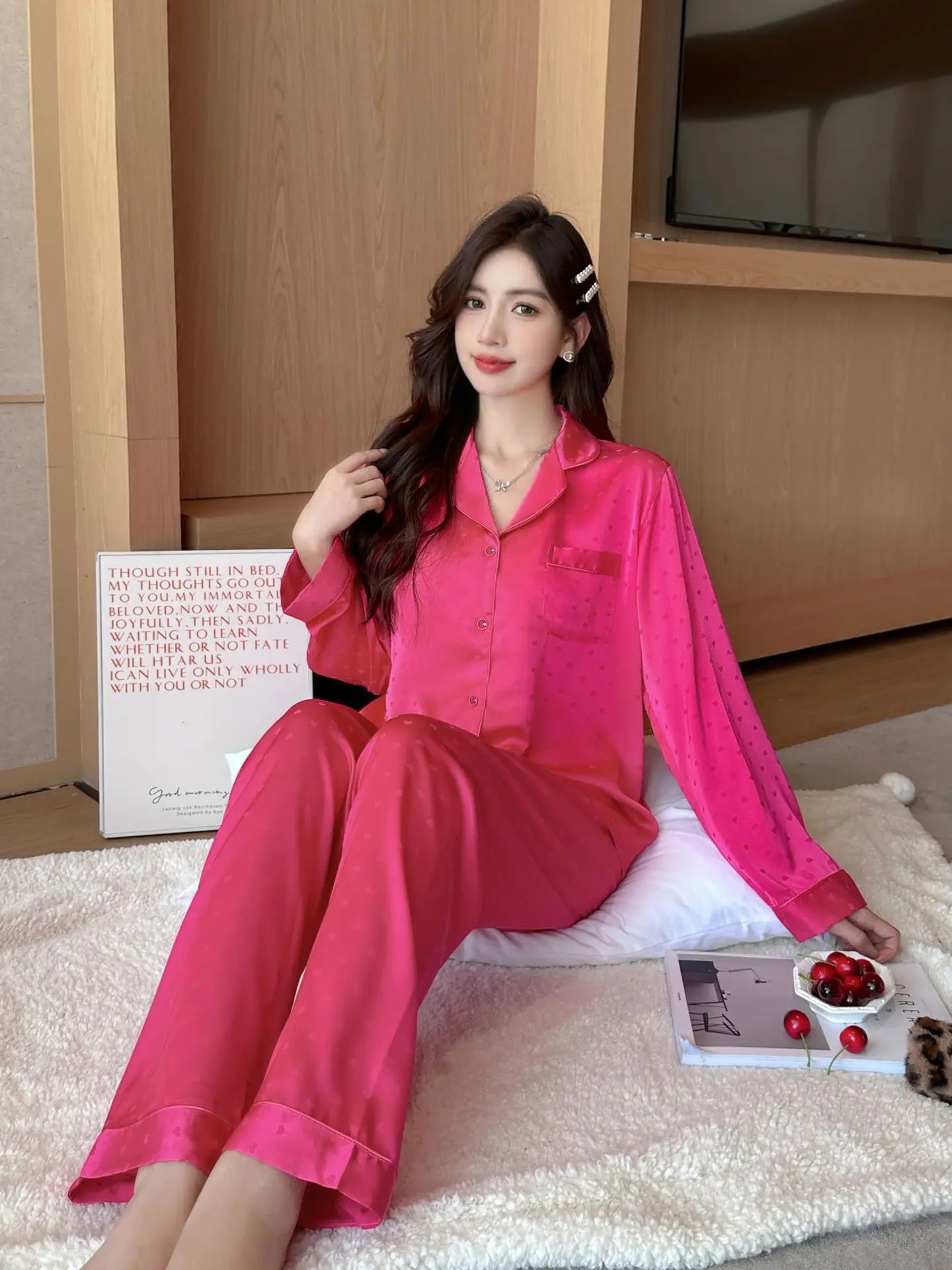 Women's New Arrival Silk-Feel Ice-Silk Lightweight Long-Sleeve Pajama Set Two-Piece Comfortable Homewear Suit