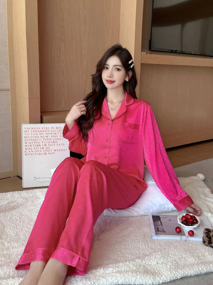 Women's New Arrival Silk-Feel Ice-Silk Lightweight Long-Sleeve Pajama Set Two-Piece Comfortable Homewear Suit