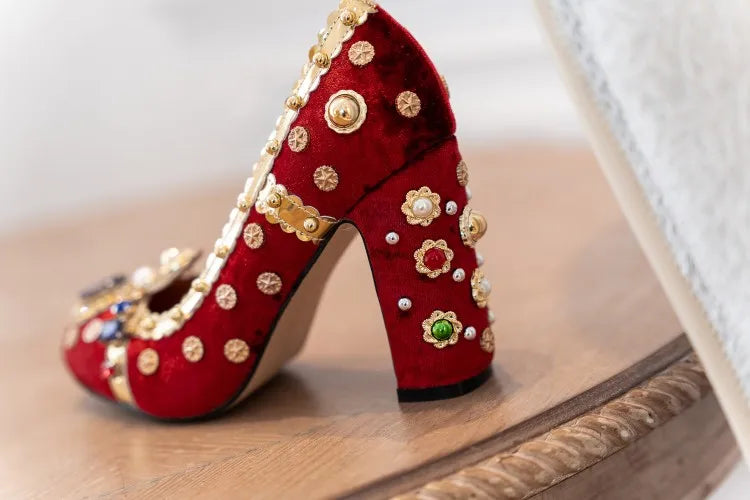 Purple Velvets Women Shallow Pumps Round Toe Crystal Gold Decorations Chunky High Heels 10cm Wine Red Prom Party Creepers Sapato