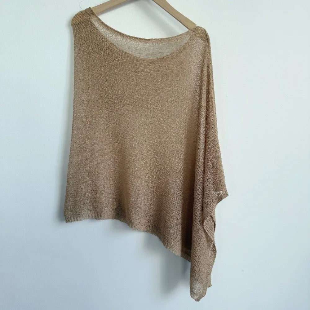 Casual Drop Shoulder Crochet Poncho Sweater Sheer Multi-wear Halter Shawl Irregular Knitted Cover-ups Vacation Outfits