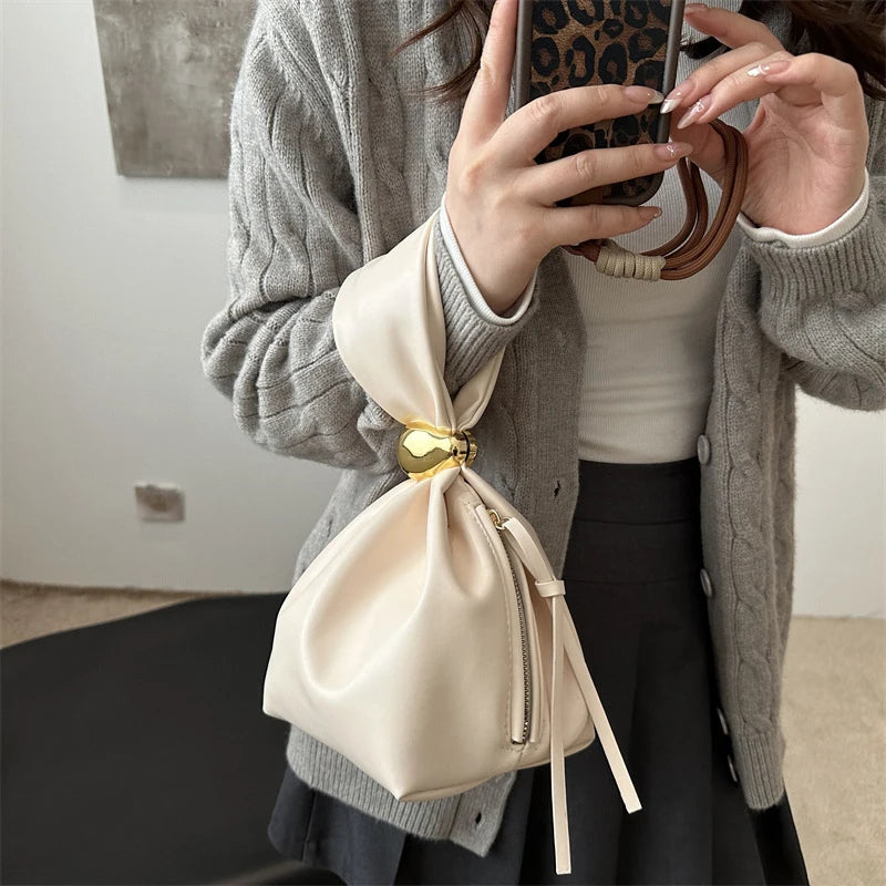 Mini PU Leahter Underarm Pleated Cloud Bag For Women 2025 Fashion Designer Female Retro Bucket Shoulder Bag Handbags And Purses