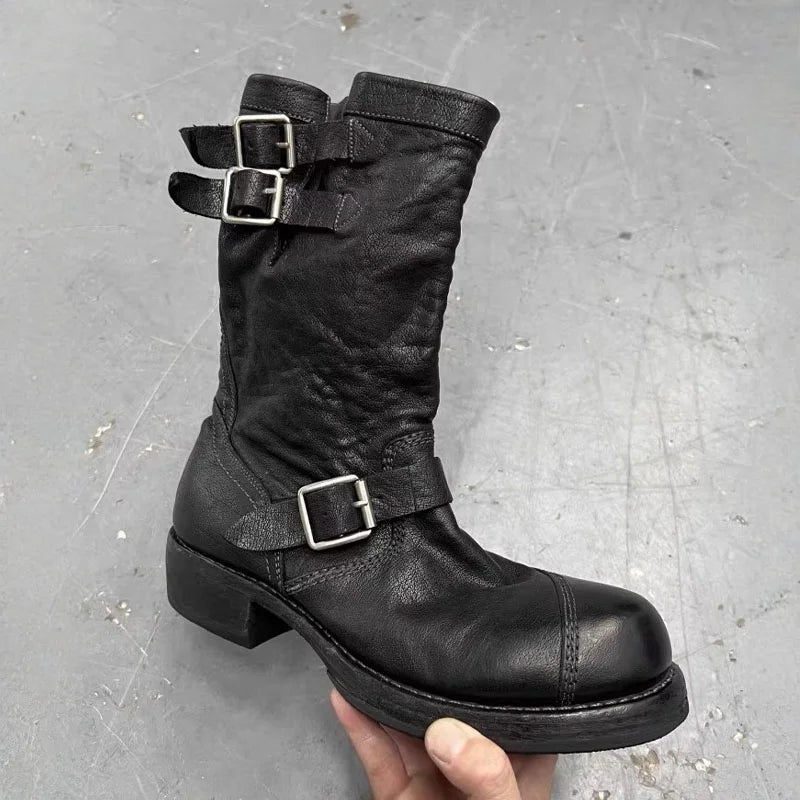 Retro Motorcycle Men's Boots Mid-Calf Knight American Engineer Boots Aged Large Head Boots Leather Splicing Botas Para Moto