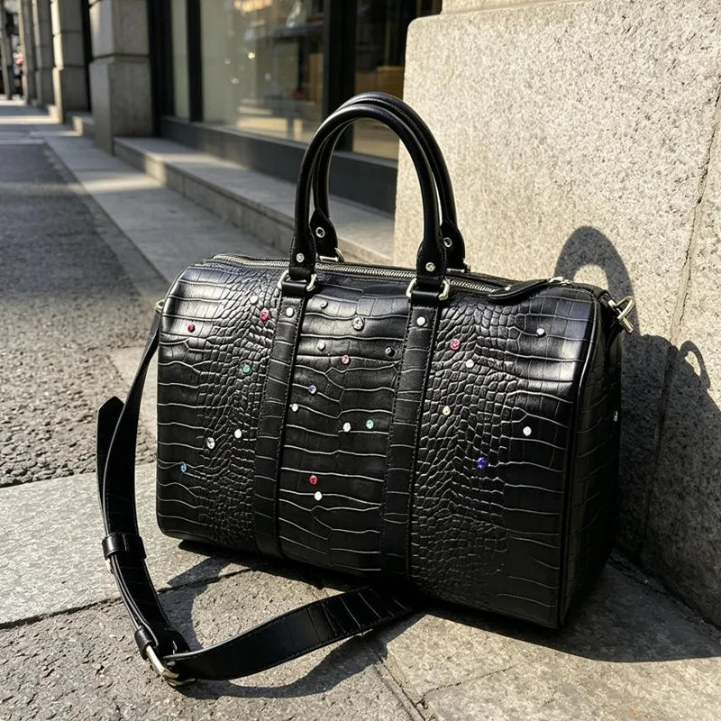Luxury Large-capacity Travel Handbag For Women Versatile Crocodile Pattern Crossbody Bag Fashion Diamond Design Commuter Bag