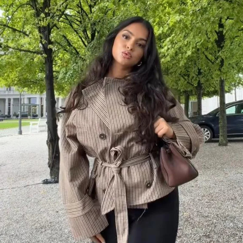 Vintage Plaid Women's Cropped Trench Coat Autumn Lapel Tie Waist Full Sleeve Windbreaker New Chic Casual Elegant Jacket 2026