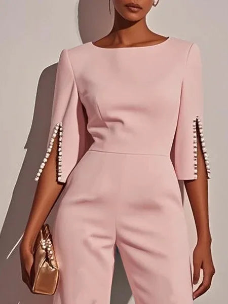 Women Round Neck Pearl Sleeve Wide Leg Jumpsuit Elegant Office Lady Fashion Spring Autumn
