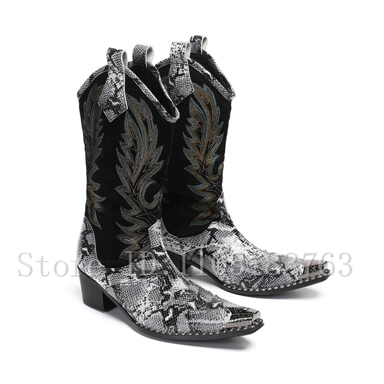 Men's Metal Toe Western Cowboy Boots Luxury Handmade Snake Print & Suede Embroidery Patchwork Chunky Block Heel Mid-Calf Boots