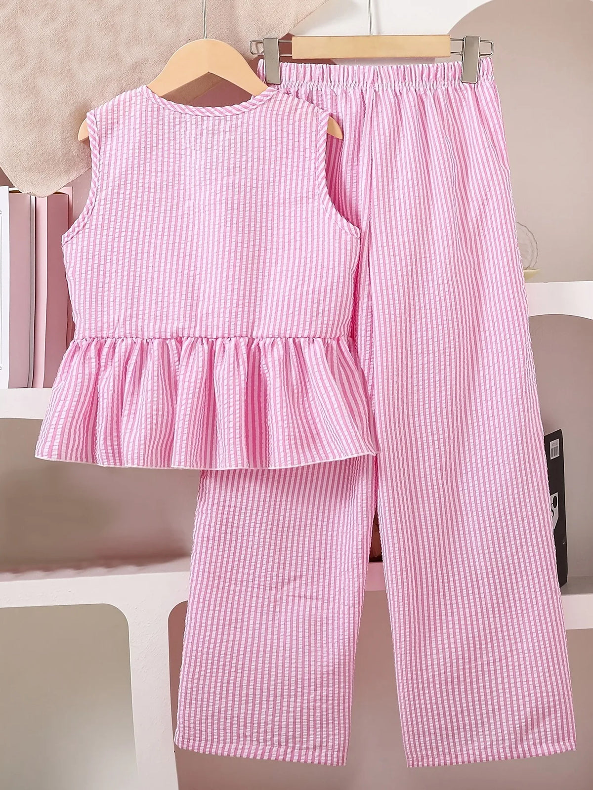 Kids Girls 2 Piece Pink Stripe Sleeveless Peplum Top & Wide Leg Pants Set Cute Bow Detail Summer Outfit