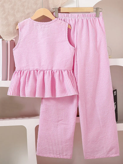 Kids Girls 2 Piece Pink Stripe Sleeveless Peplum Top & Wide Leg Pants Set Cute Bow Detail Summer Outfit