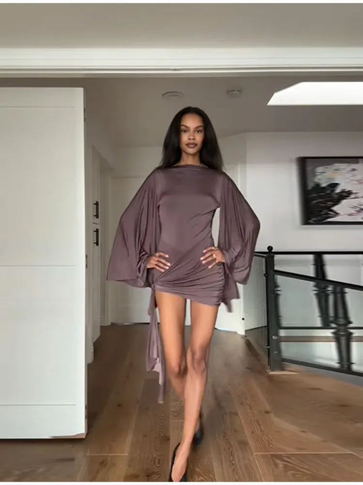 Draped Elegant Romper Batwing Sleeve Ruched Waist Tie Women Dresses Parties Date Nights Stylish Modest Female Evening Wear
