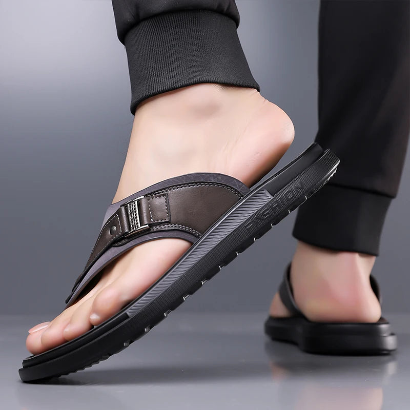 New Trend Men's Flip Flops Leather Beach Sandals Quick Dry Water Shoes Non Slip Summer Slippers Outdoor Slides Walking Sandalias