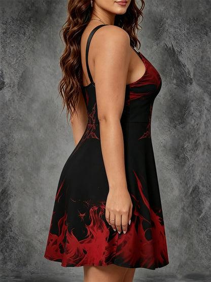 Plus Size Pentagram Flame Print O-Ring Strap Swing Mini Cami Dress Gothic