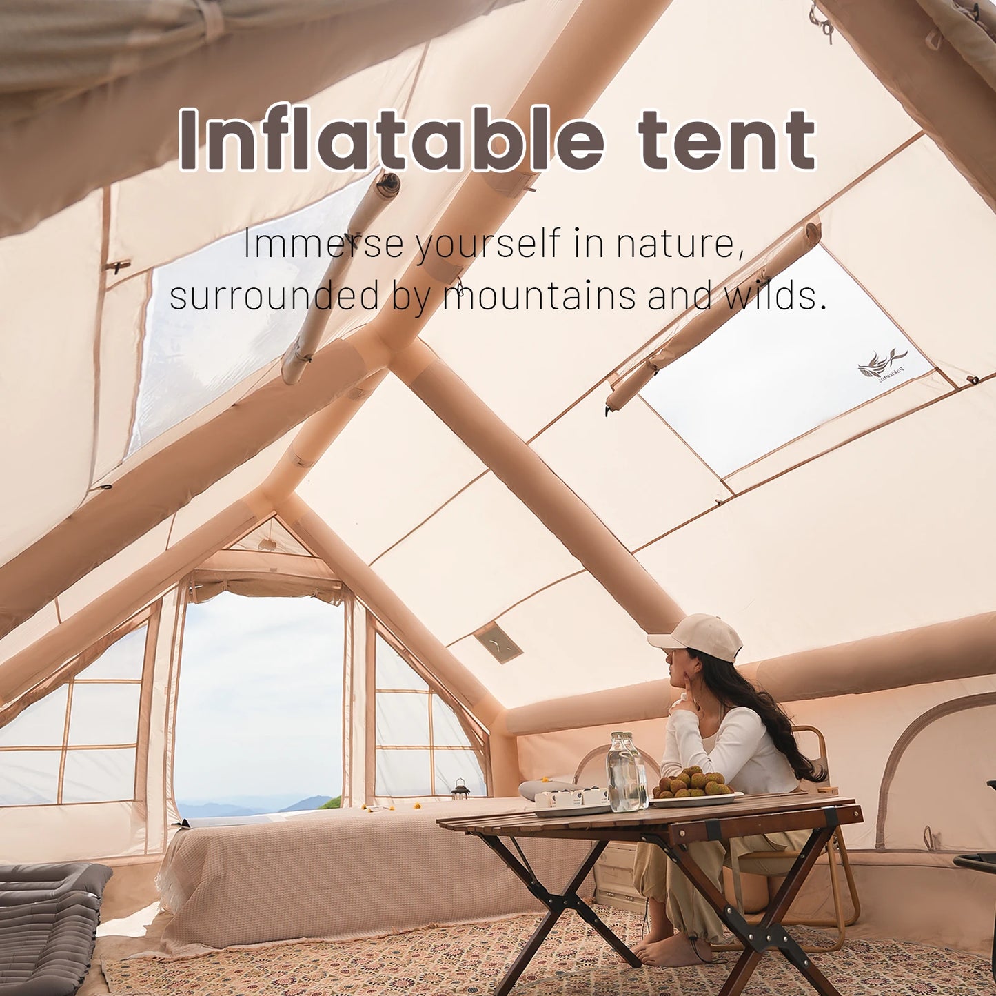 PAKICETUS Luxury Inflatable Camping Tent with Skylight Quick Setup Blow Up Tent with Air Pump 4-6 Persons Large Family Portable Outdoor Tent for Camping Hiking Backyard