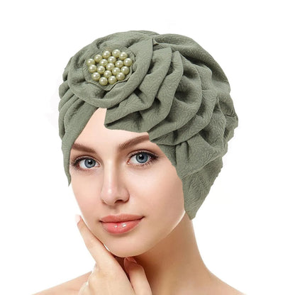 Solid Color Flowers Muslim Hijab Caps Beading Women Wrap Head Ramadan Ladies Fashion Headwear Turban Bonnet