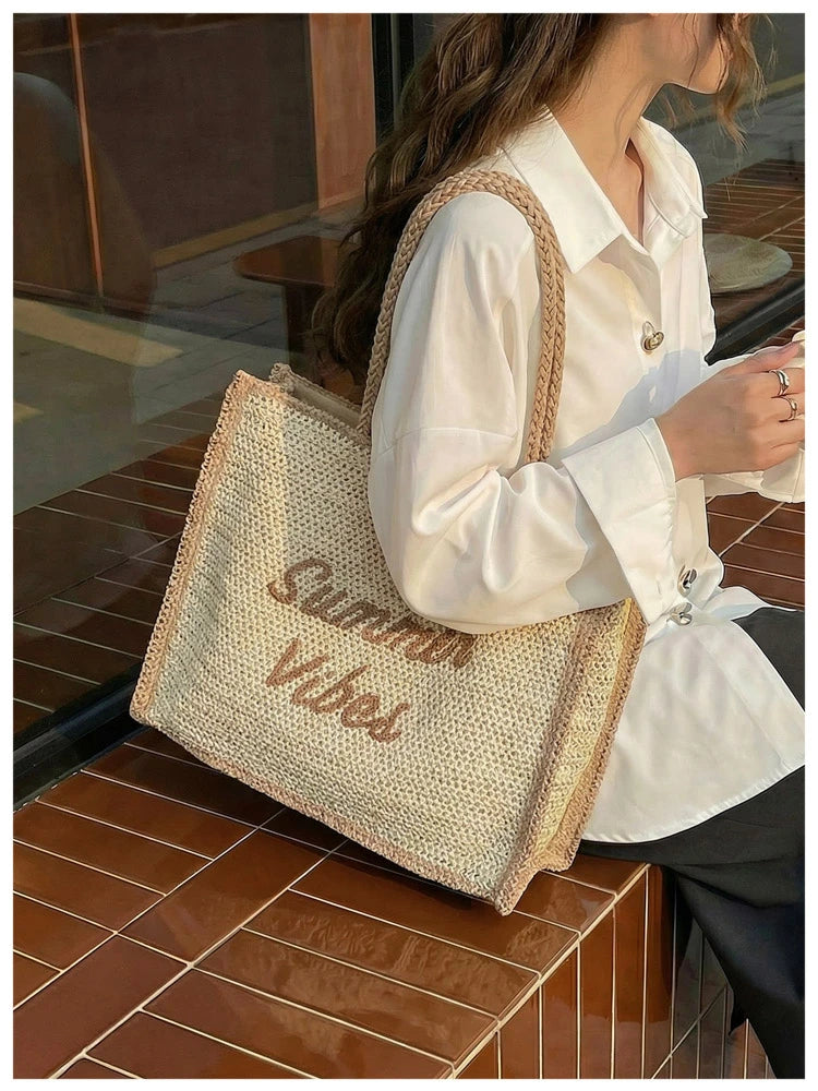 Large Capacity Women Tote Bag 2026 New Fashion Hand-made Straw Bag Female Shoulder Handbag Causal Commuter Bags for Ladies