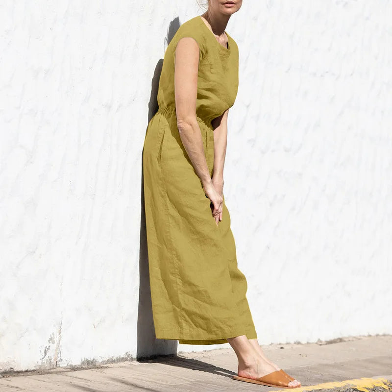 Cotton And Linen Jumpsuit Women Solid Color Sleeveless Pocket High Waist Wide Legs Jumpsuits Casual Commuting Ladies Bodysuits