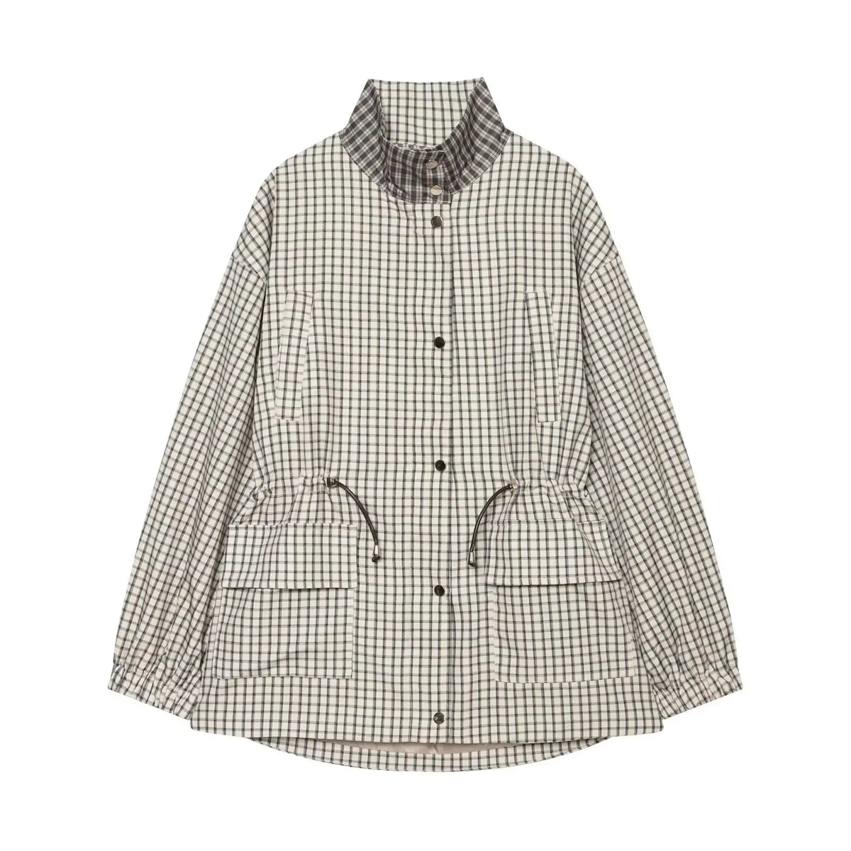 Women Casual Plaid Short Trench Coat Lapel Double Breasted Belted Waist Loose Long Sleeve Checkered Jacket Autumn Windbreaker