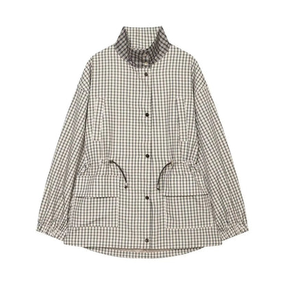Women Casual Plaid Short Trench Coat Lapel Double Breasted Belted Waist Loose Long Sleeve Checkered Jacket Autumn Windbreaker