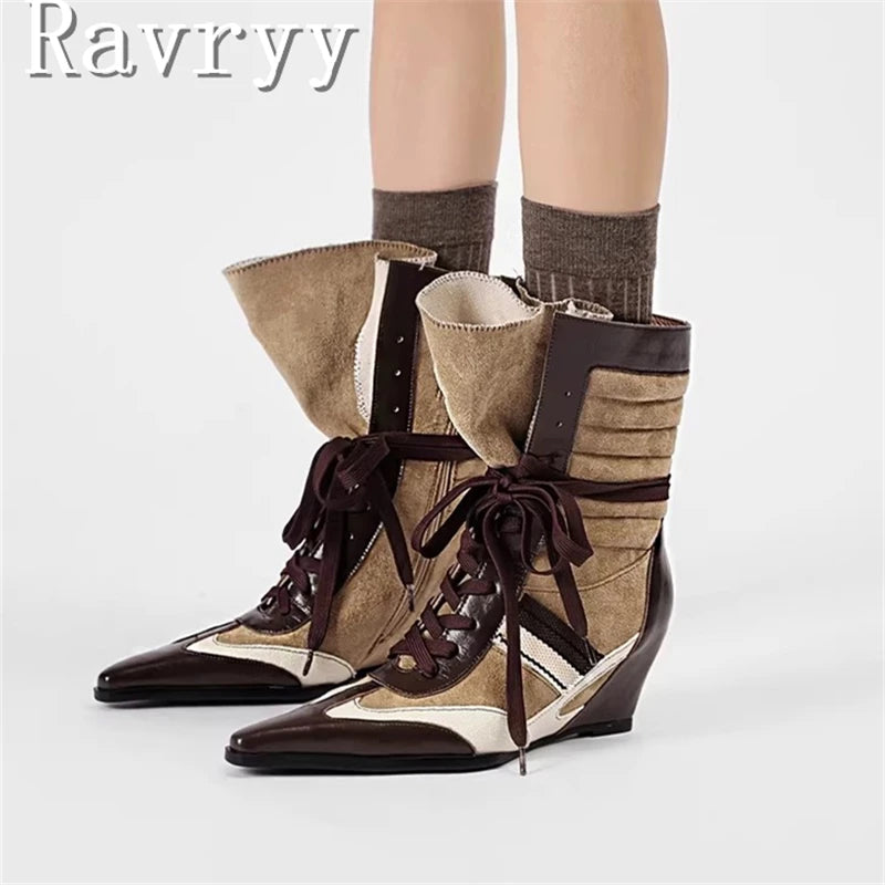 Niche Design Pointed Toe Colorblock Short Boots Fashion Women's Wedge Heel Lace Up Sporty Boxing Boots