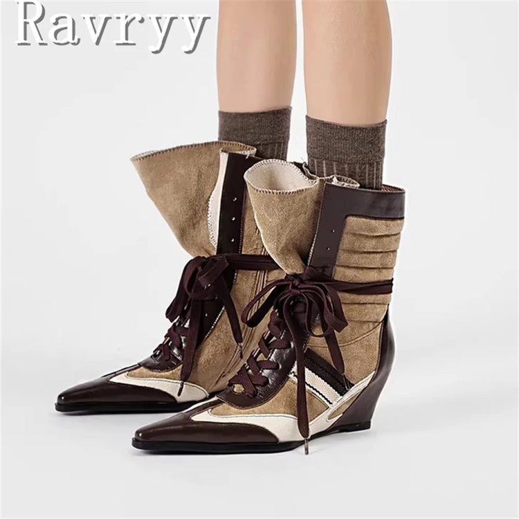 Niche Design Pointed Toe Colorblock Short Boots Fashion Women's Wedge Heel Lace Up Sporty Boxing Boots