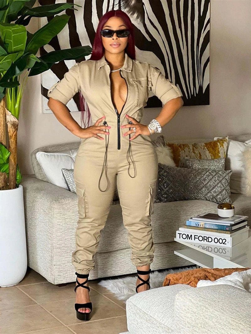 Fashion Cargo Jumpsuits Autumn Clothing Women 2026 Full Sleeve Zip Up Pockets Long Rompers Playsuits One Pieces Overalls Outfits